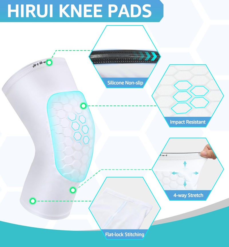 HiRui Knee Pads for Kids Youth Adult, Basketball Baseball Knee Brace Knee Support, Collision Avoidance Kneepad Compression Knee Sleeve for Volleyball Football Cycling Running-1Pair (White, M) - Image 3